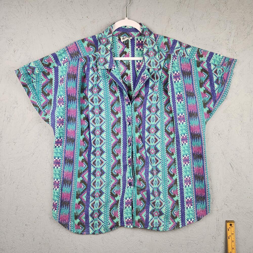 Vintage Tapestry Shirt Womens XL Teal Purple Southwestern Aztec Made In USA 90s